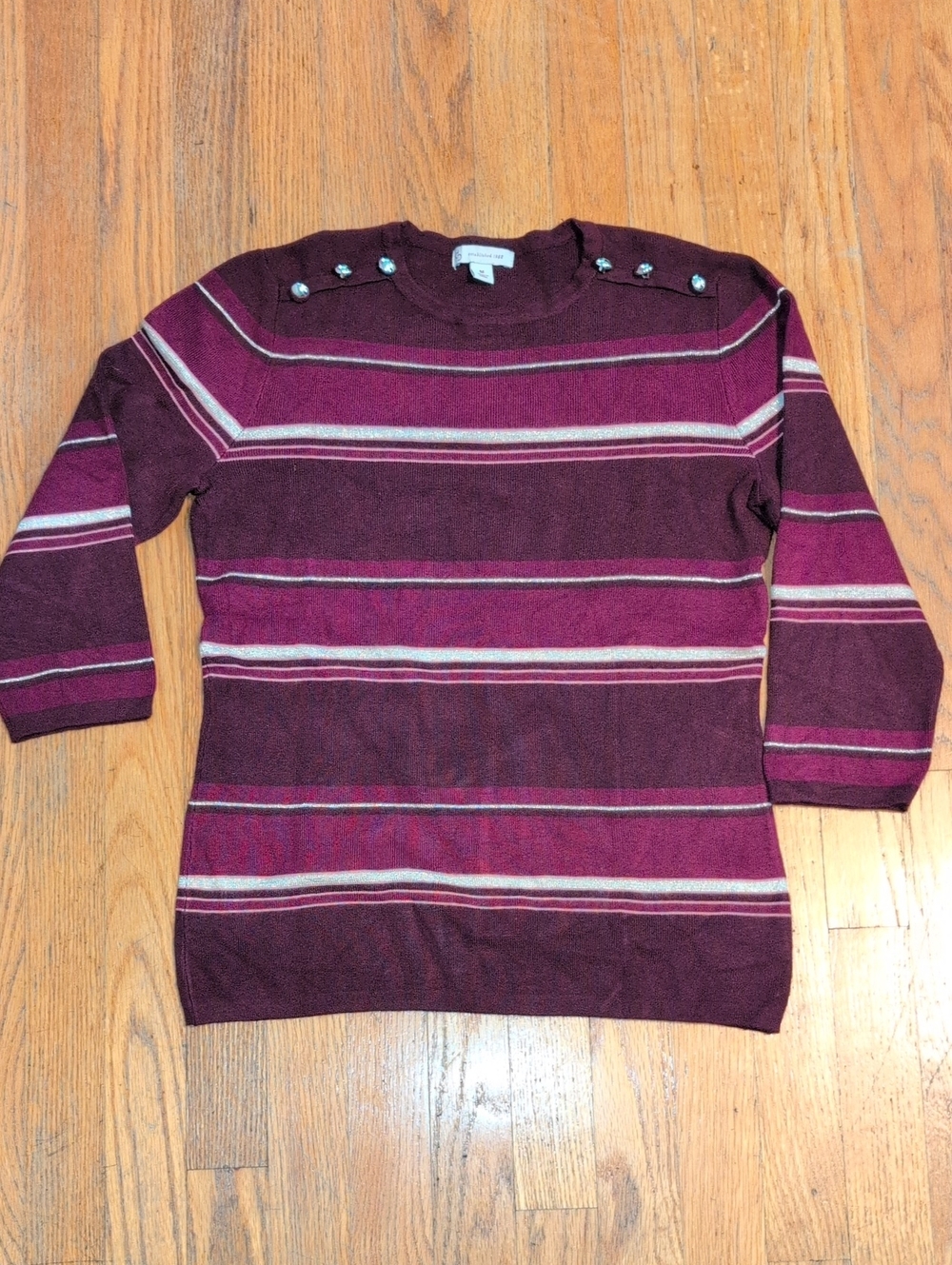 Dress Barn Burgundy & Pink Striped Crewneck Sweater with Shoulder Buttons